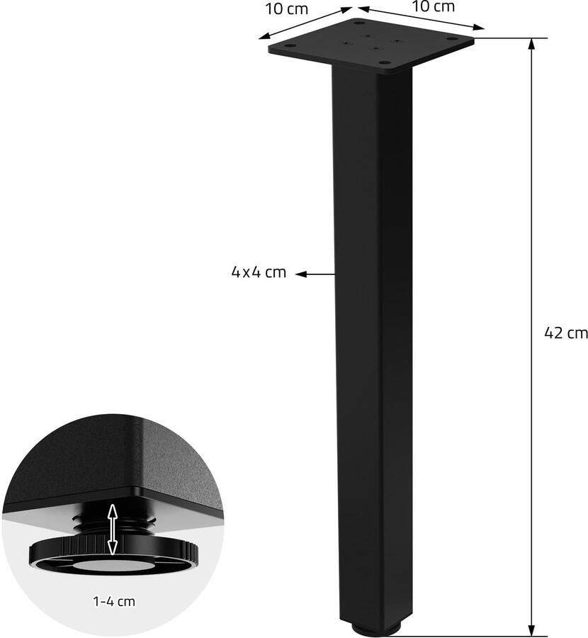 Ml-design Set van 4 tafelpoten I-Design 42 cm glanzend zwart gepoedercoat staal vierkant profiel 4x4 cm In hoogte verstelbare meubelpoten 1-4 cm