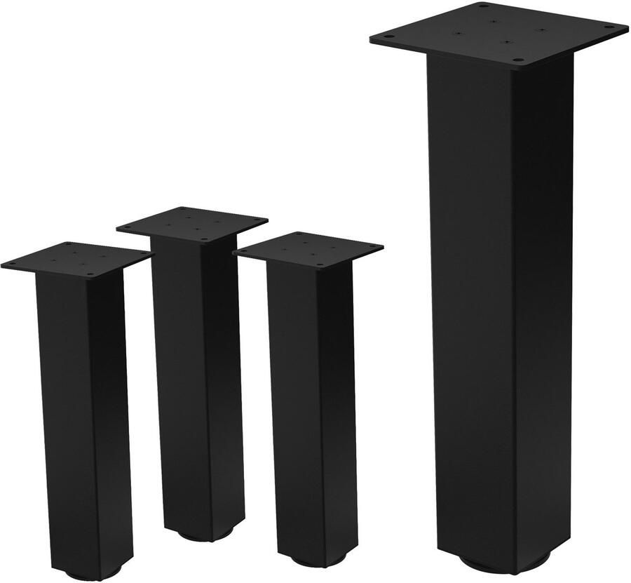 Ml-design Set van 4 tafelpoten I-Design 42 cm glanzend zwart gepoedercoat staal vierkant profiel 8x8 cm In hoogte verstelbare meubelpoten 1-4 cm