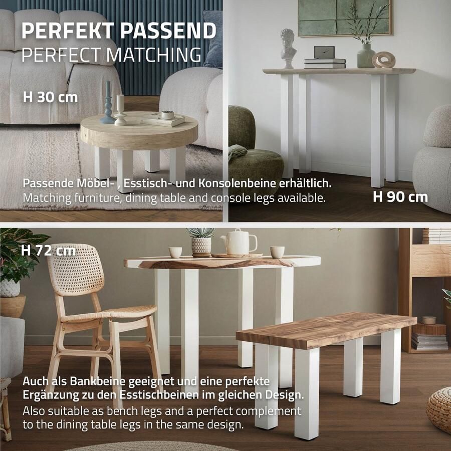 Ml-design Set van 4 tafelpoten I-Design 42 cm wit glanzend gemaakt van gepoedercoat staal vierkant profiel 8x8 cm In hoogte verstelbare meubelpoten 1-4 cm