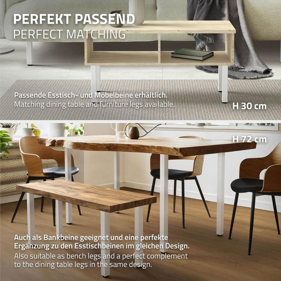 Ml-design Set van 4 tafelpoten I-Design 42 cm wit glanzend gemaakt van gepoedercoat staal vierkant profiel 4x4 cm in hoogte verstelbare meubelpoten 1-4 cm