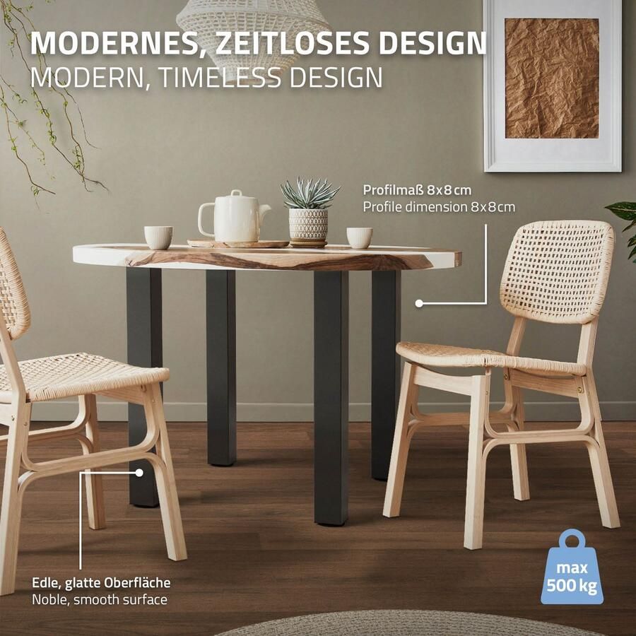 Ml-design Set van 4 tafelpoten I-Design 72 cm donkergrijze look industrieel gepoedercoat stalen profiel 8x8 cm in hoogte verstelbare meubelpoten 1-4cm
