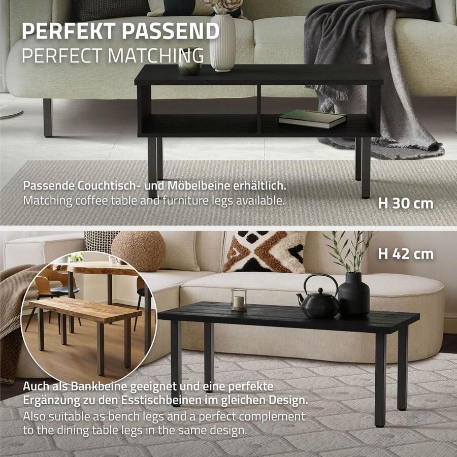 Ml-design Set van 4 tafelpoten I-Design 72 cm Donkergrijze look Industrieel stalen profiel met poedercoating 4x4 cm In hoogte verstelbare meubelpoten 1-4 cm