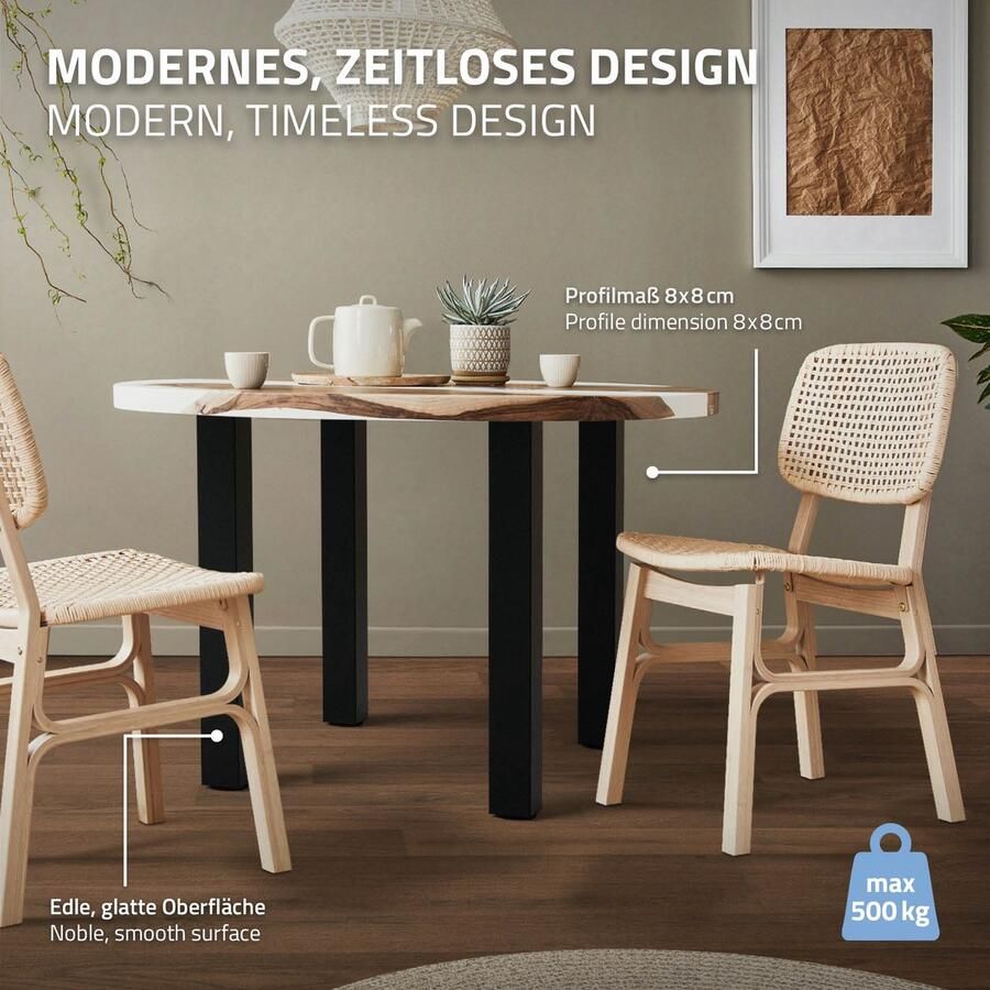 Ml-design Set van 4 tafelpoten I-Design 72 cm glanzend zwart gepoedercoat staal vierkant profiel 8x8 cm In hoogte verstelbare meubelpoten 1-4 cm