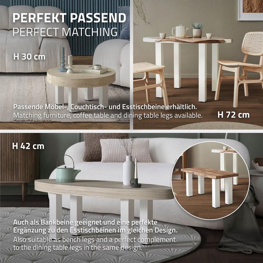 Ml-design Set van 4 tafelpoten I-Design 90 cm wit glanzend staal met poedercoating vierkant profiel 8x8 cm in hoogte verstelbare meubelpoten 1-4cm