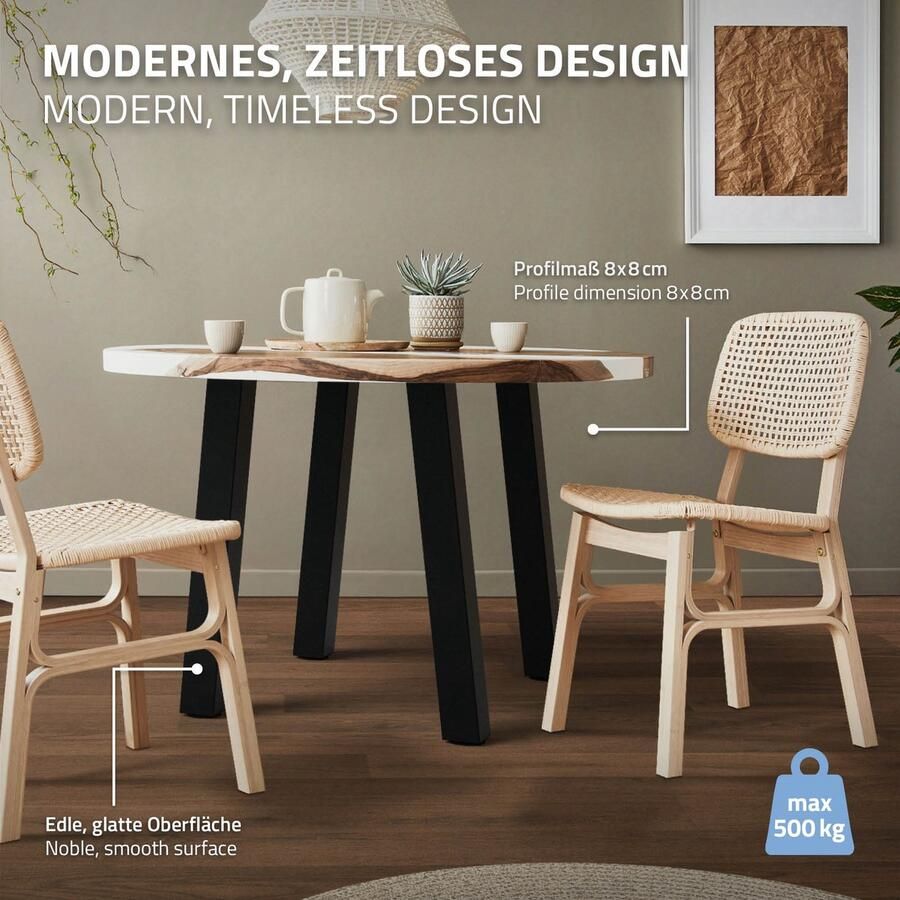 Ml-design Set van 4 tafelpoten schuin 72 cm zwart glanzend staal vierkant profiel 8x8 cm I-vorm 96° helling ML ontwerp