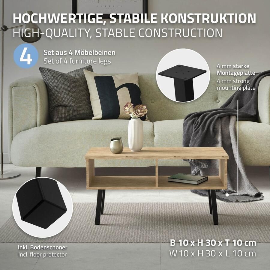 Ml-design Set van 4 tafelpoten schuin H30 cm glanzend zwart gepoedercoat staal hoekprofiel 4x4 cm I-vorm ML ontwerp