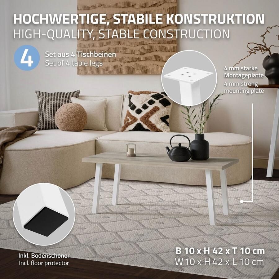 Ml-design Set van 4 tafelpoten schuin H42 cm wit glanzend gemaakt van gepoedercoat staal hoekprofiel 4x4 cm I-vorm 96° helling