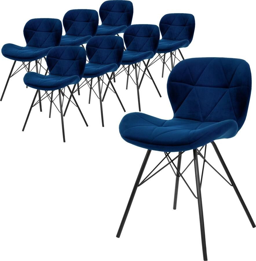 ML-Design Set van 8 eetkamerstoelen met rugleuning blauw keukenstoel met fluwelen bekleding gestoffeerde stoel met