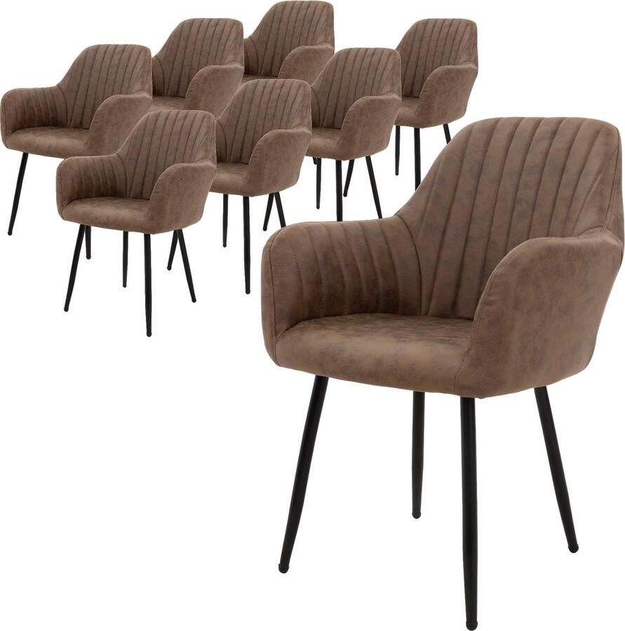 Ml-design set van 8 eetkamerstoelen met rugleuning en armleuningen bruin keukenstoelen met PU kunstlederen bekleding gestoffeerde stoelen met metalen poten ergonomische woonkamerstoelen Stoel