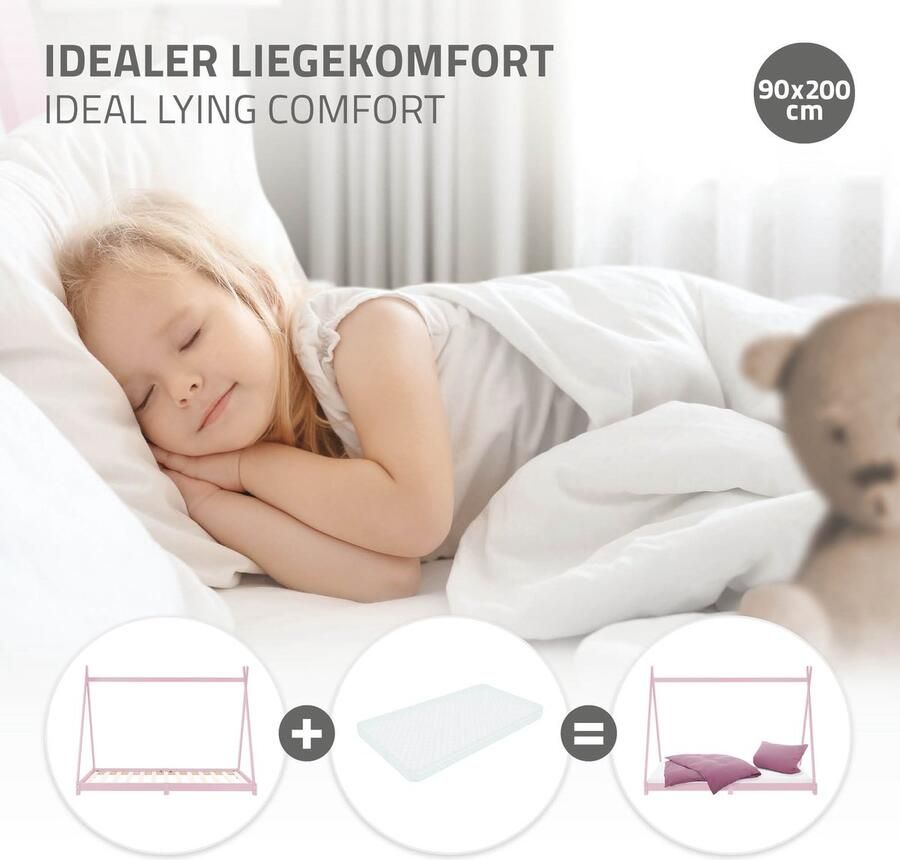 Ml-design Kinderbed Tipi 90x200 cm roze van grenenhout incl. matras H-16cm houten bed met lattenbodem - Foto 2