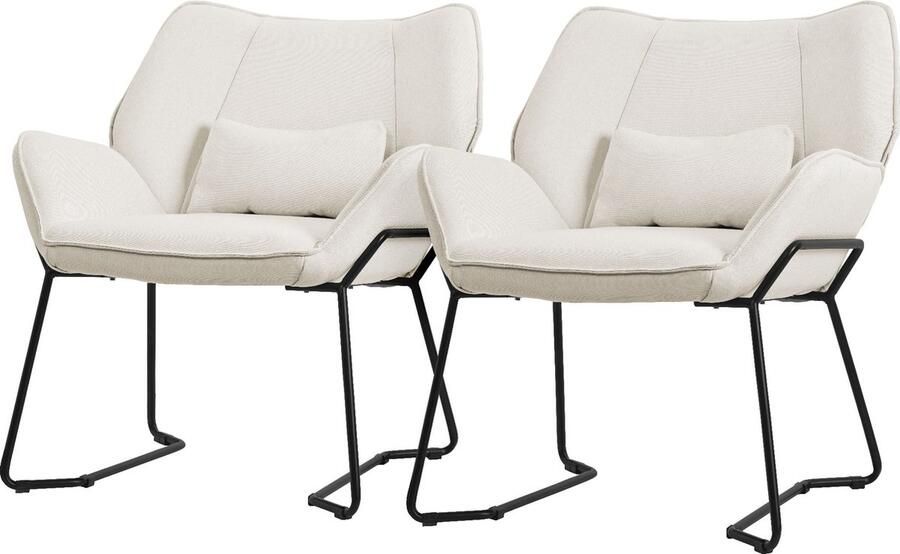 Ml-design Woonkamer fauteuil loungestoel set van 2 beige met rugkussens tot 120 kilogram Polyester hoes in linnenlook