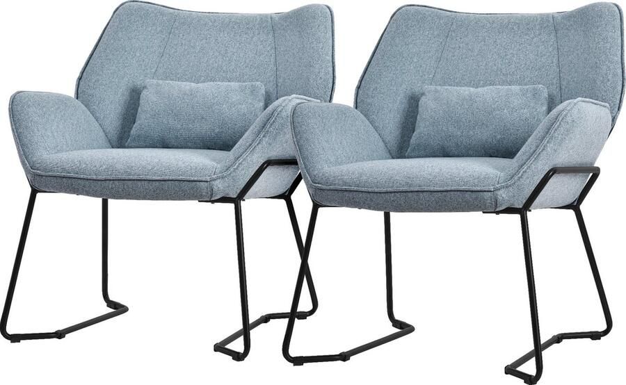 Ml-design Woonkamer fauteuil loungestoel set van 2 blauw met rugkussens tot 120 kilogram Polyester hoes in linnenlook