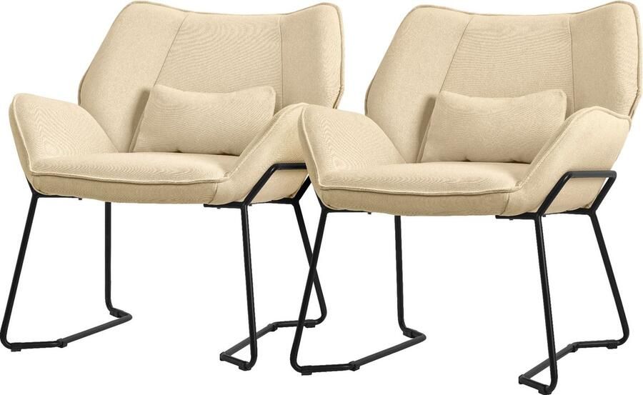 Ml-design Woonkamer fauteuil loungestoel set van 2 zand met rugkussens tot 120 kilogram Polyester hoes in linnenlook