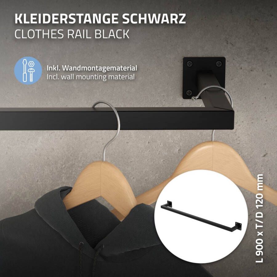 Ml-design Set van 3 kledingstangen kapstok wandmontage 12 x 90 cm zwart staal - Foto 3