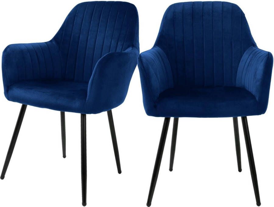 ML-Design Eetkamerstoelen met rugleuning & armleuning set van 2 blauw met fluwelen bekleding en metalen poten