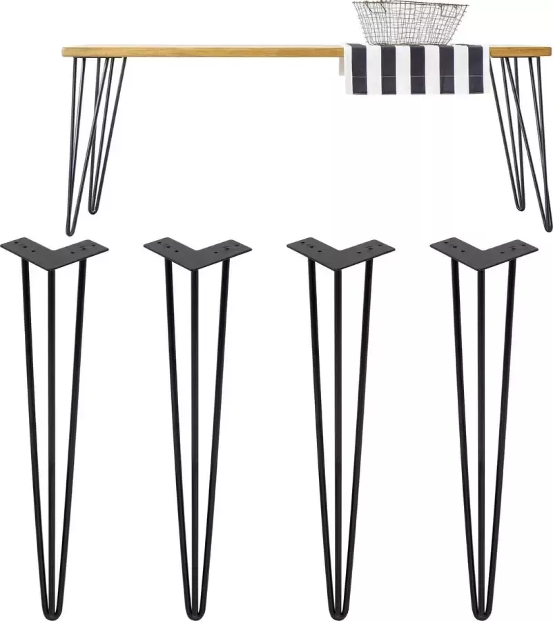 Ml-design Set van 4 tafelpoten met 3 poten 70 cm zwart gemaakt van gepoedercoat metaal