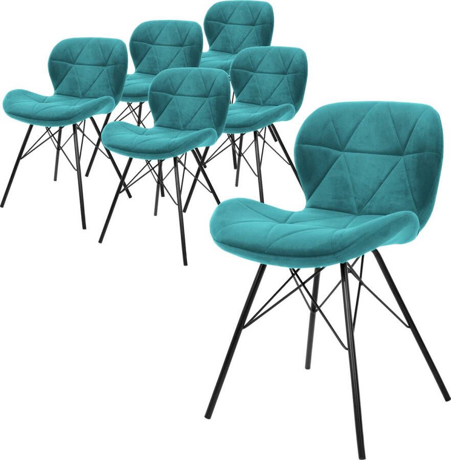 Ml-design Set van 6 eetkamerstoelen met rugleuning turquoise keukenstoel met fluwelen bekleding gestoffeerde stoel met metalen poten ergonomische stoel voor eettafel woonkamerstoel keukenstoelen