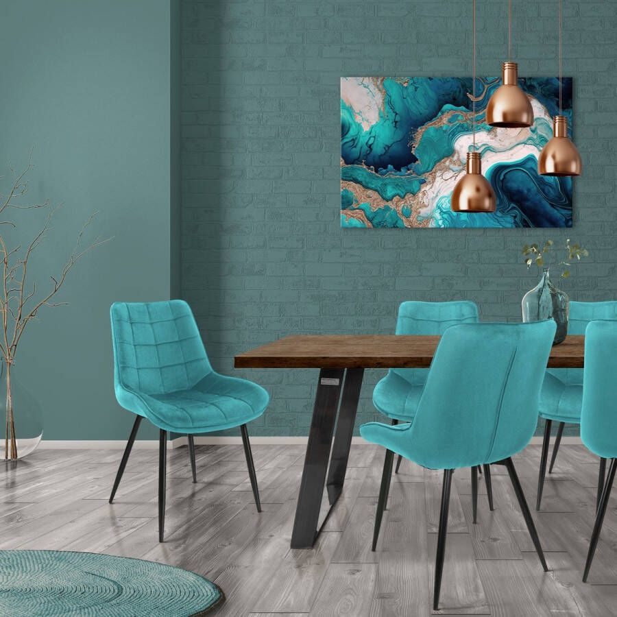 Ml-design Set van 6 eetkamerstoelen met rugleuning turquoise keukenstoel met fluwelen bekleding gestoffeerde stoel met metalen poten ergonomische stoel voor eettafel woonkamerstoel keukenstoelen - Foto 2