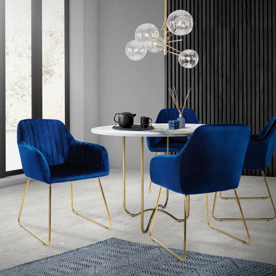 Ml-design eetkamerstoelen set van 6 fluwelen zitting blauw woonkamerstoel met rugleuning en armleuningen keukenstoel met gouden poten gestoffeerde stoel met metalen frame ergonomische armstoel voor eettafel - Foto 2