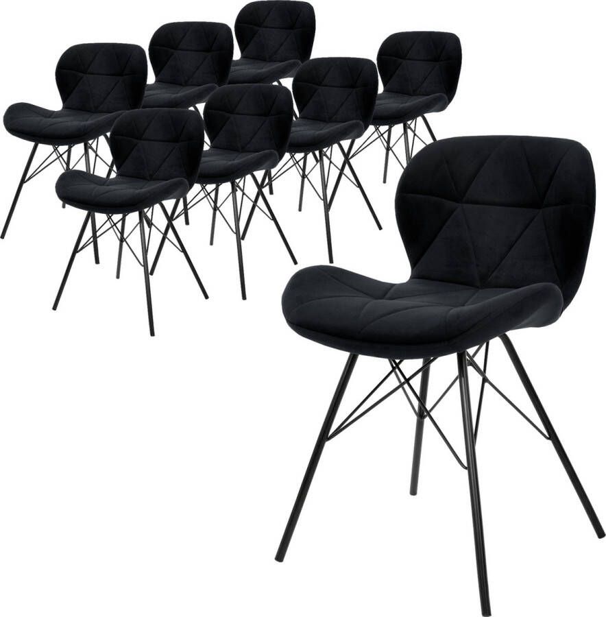 Ml-design Set van 8 eetkamerstoelen met rugleuning zwart keukenstoel met fluwelen bekleding gestoffeerde stoel met metalen poten ergonomische stoel voor eettafel woonkamerstoel keukenstoelen