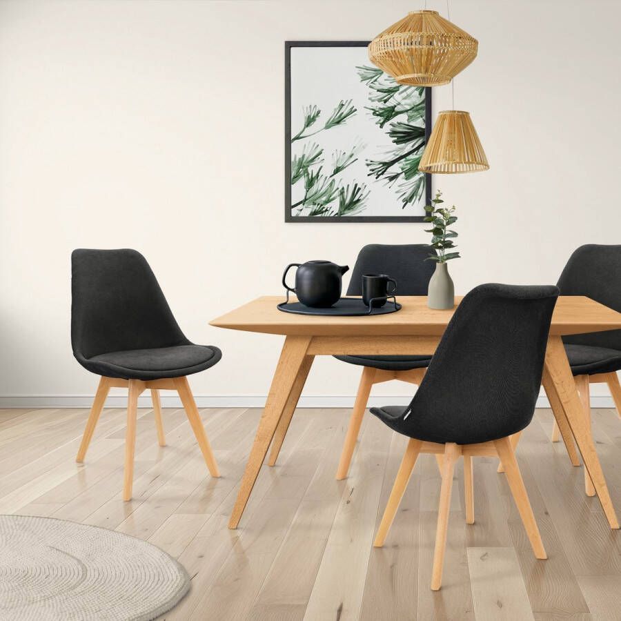 Ml-design Set van 8 Eetkamerstoelen met Rugleuning Zwart Scandinavische Retro Gestoffeerde Stoel met Beukenhouten Poten Linnen Zitting Ergonomische Keukenstoel voor Eettafel Woonkamerstoelen Stoel - Foto 2