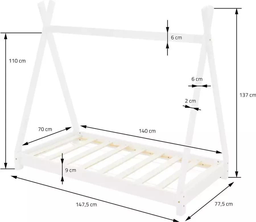 Ml-design Kinderbed Tipi 70x140 cm wit gemaakt van dennenhout incl. matras H-10cm houten bed met lattenbodem - Foto 2