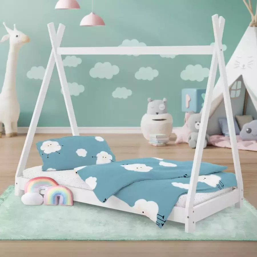 Ml-design Kinderbed Tipi 80x160 cm wit gemaakt van dennenhout incl. matras H-10cm houten bed met lattenbodem - Foto 3