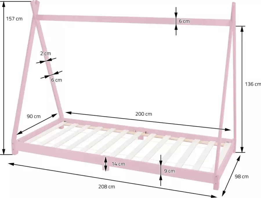 Ml-design Kinderbed Tipi 90x200 cm roze van grenenhout incl. matras H-10cm houten bed met lattenbodem - Foto 4