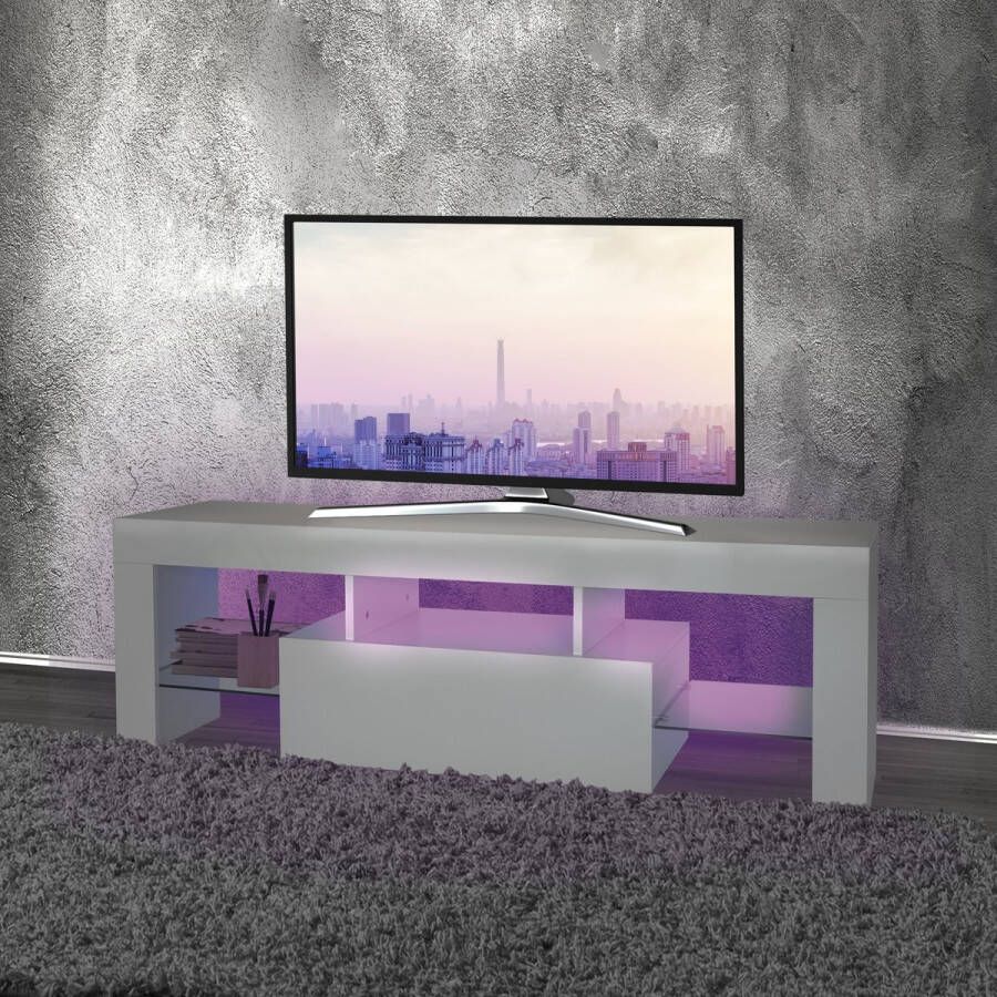 Ml-design TV lowboard in hout met LED verlichting en glazen legger voor TV moderne TV tafel 130x49x45cm wit greeploos design TV meubel TV meubel TV plank voor woonkamer - Foto 2