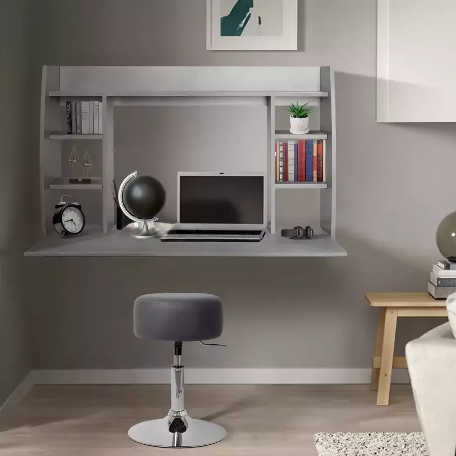 Ml-design Wandbureau met Kruk Bureau Wandtafel Grijs Beton 110x75x48cm met Plank Element en Compartimenten Beklede Kruk Synthetisch Leer Donkergrijs Rond Ø33cm Draaibaar In hoogte verstelbaar 52-65cm - Foto 2
