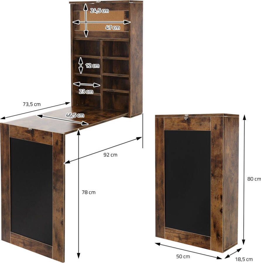 Ml-design Wandtafel met legbord en inklapbaar legbord Bruin gemaakt van MDF