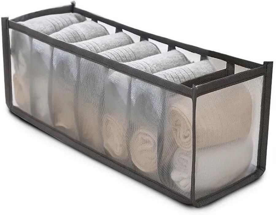 Mmgoqqt Ondergoed Opbergdoos 7 Compartimenten Opvouwbare Ladeverdelers Geschikt voor Thuis Garderobe en Reizen Mesh Ondergoed Opbergdoos (Zwart)