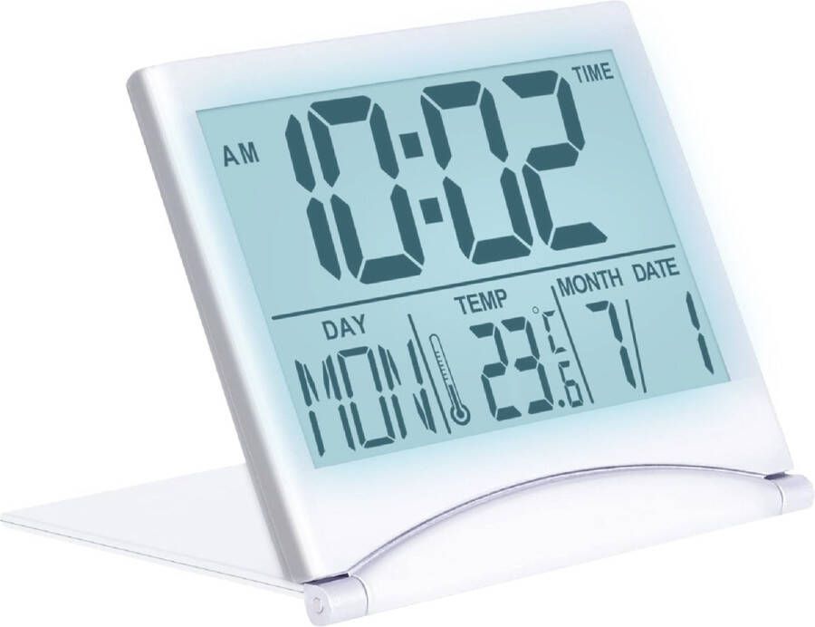 MMOBIEL Digitale Klok LCD Reiswekker Opvouwbaar met Achtergrondverlichting – Bureau Klok Wekker Digitaal met Temperatuur en Datum – Wekker Digitaal Klokje – Digitale Klok op Batterijen incl. – Zilver