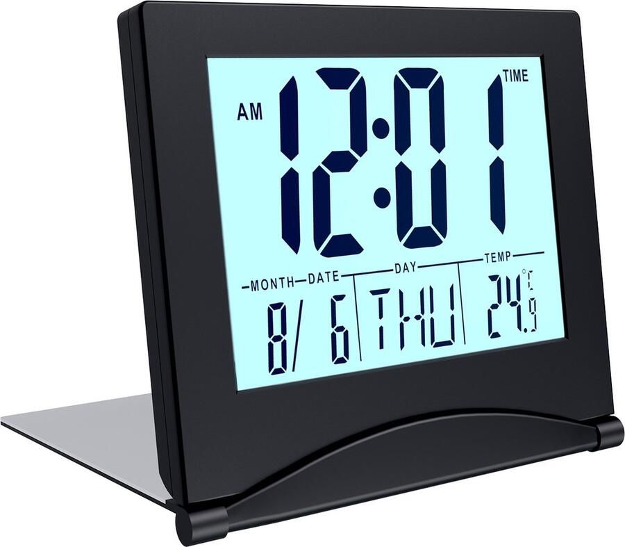 MMOBIEL Digitale Klok LCD Reiswekker Opvouwbaar met Achtergrondverlichting – Bureau Klok Wekker Digitaal met Temperatuur en Datum – Wekker Digitaal Klokje – Digitale Klok op Batterijen incl. – Zwart