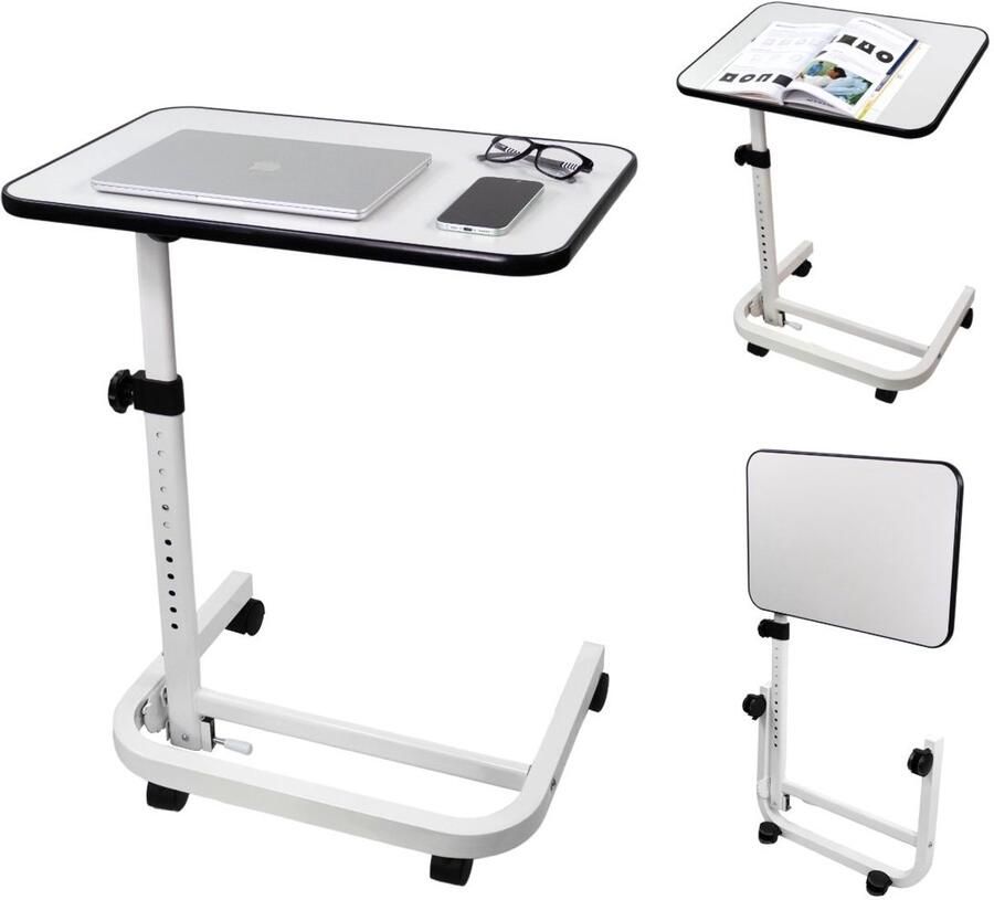 Mobiclinic Cumbre Bijzettafel In hoogte verstelbaar C-vormig onderstel Opvouwbaar en compact Laptoptafel Staal en hout Bedtafel Zwenkwielen met rem Wit