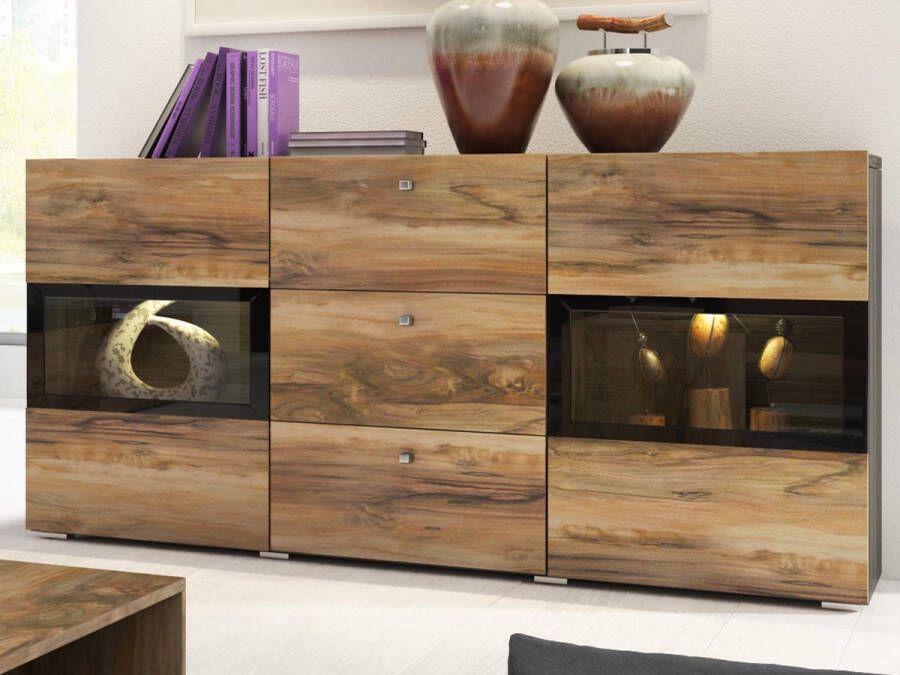 Mobistoxx Commode Babel met LED Walnoot Notelaar Grijs Dressoir met 2 deuren en 3 lades