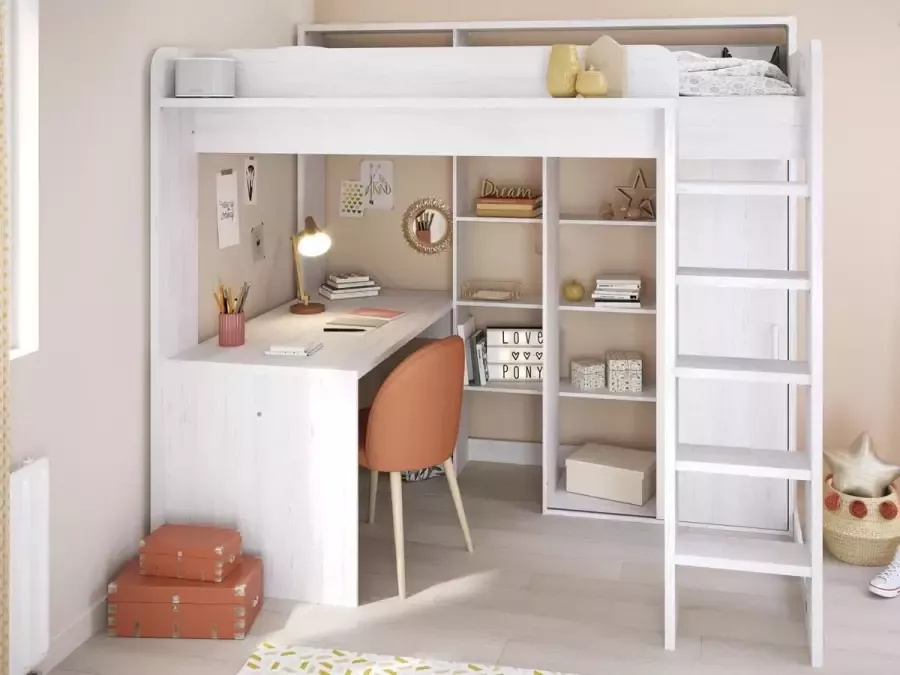 Mobistoxx Hoogslaper Harmony met bureau en kast wit hout pijnboom 90x200 inclusief lattenbodem