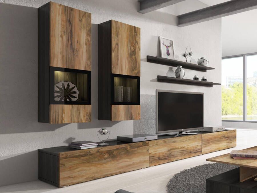 Mobistoxx Tv-Meubel Babel met LED Walnoot Notelaar Grijs Tv-kast van 270cm en 5 deuren