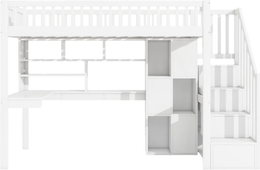 Mobrio 90x200 cm houten hoogslaper bureau met LED en opbergruimte & opbergladder Wit