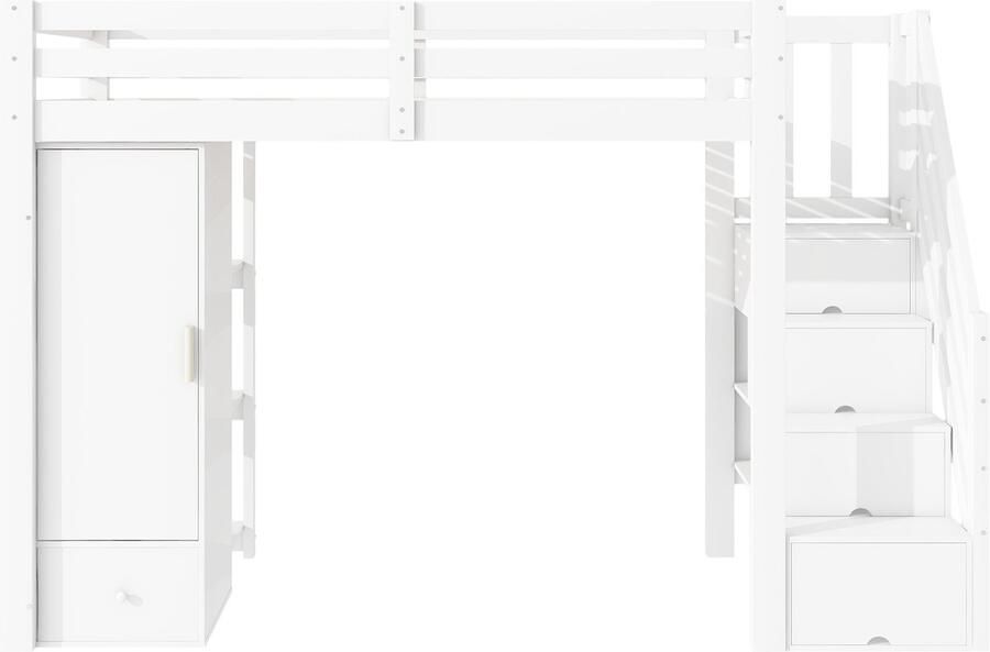 Mobrio Hoogslaper van hout 90x200 cm met kledingkast en opbergladder Wit