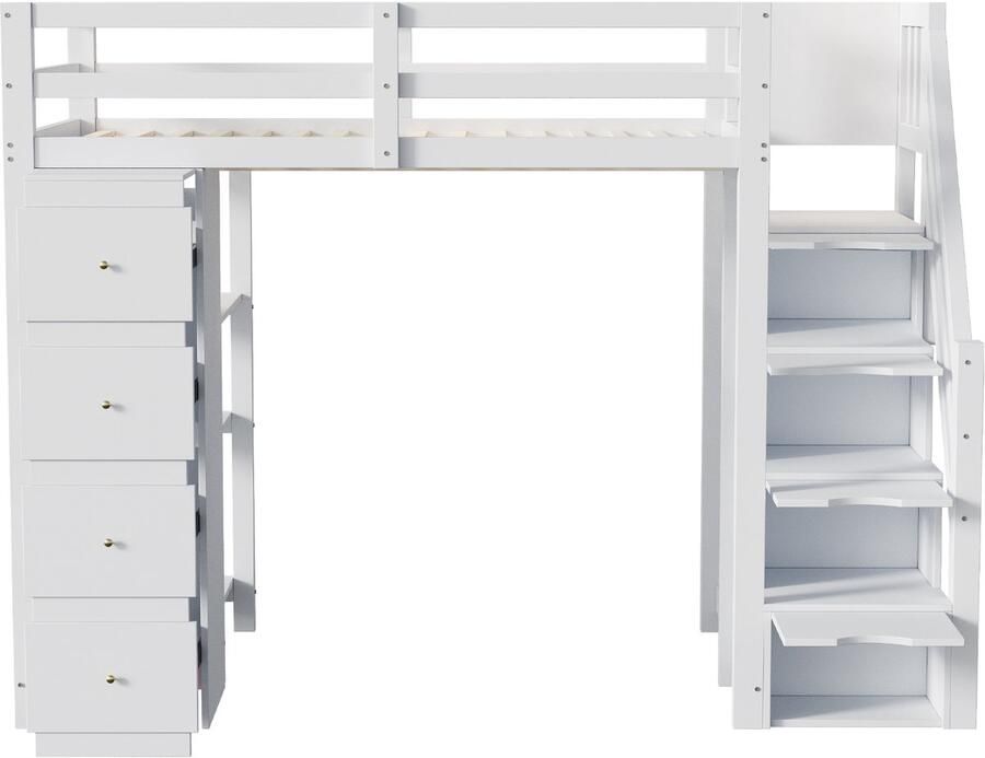 Mobrio 90x200cm massief houten mezzaninebed met 4 laden en opbergtrap Wit (matras niet inbegrepen)