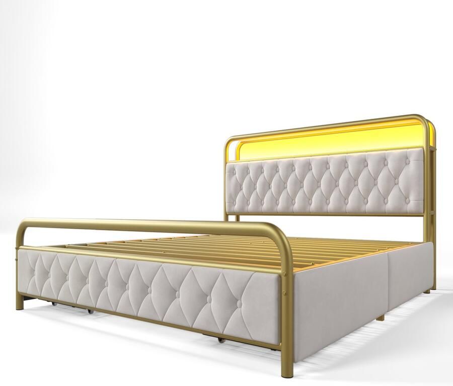 Mobrio Bed 140x200cm met laden + LED + Oplaadpunten gestoffeerd in fluweel met metalen lattenbodem Beige