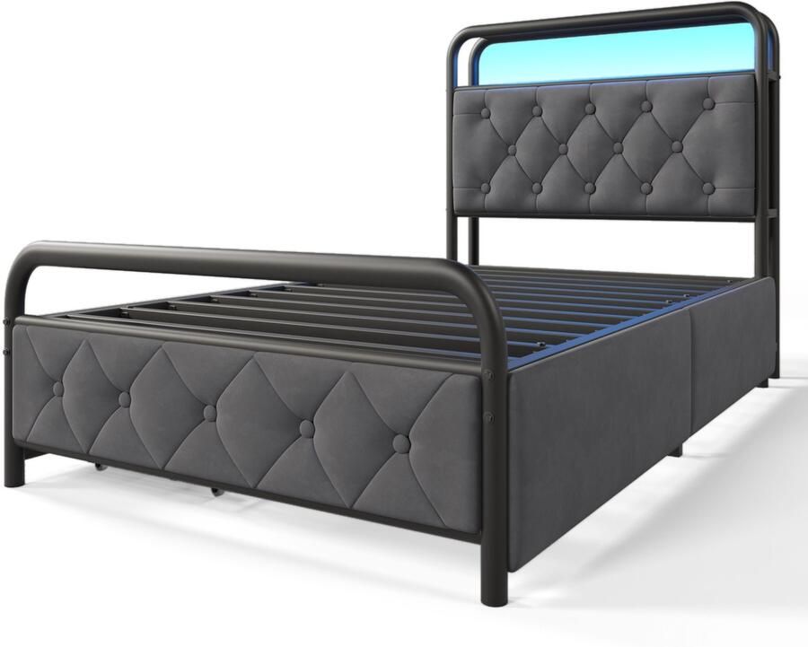 Mobrio Bed 90x200cm met laden + LED + Oplaadpunten gestoffeerd in fluweel met metalen lattenbodem Grijs