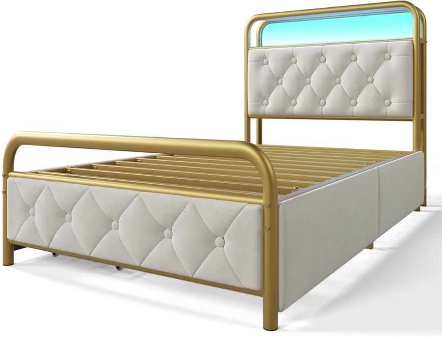 Mobrio Bed 90x200cm met laden + LED + Oplaadpunten gestoffeerd in fluweel met metalen lattenbodem Beige