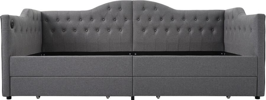 Mobrio Bed met laden 90x190cm gestoffeerd in linnen met oplaadfunctie en lattenbodem Grijs (matras niet inbegrepen)