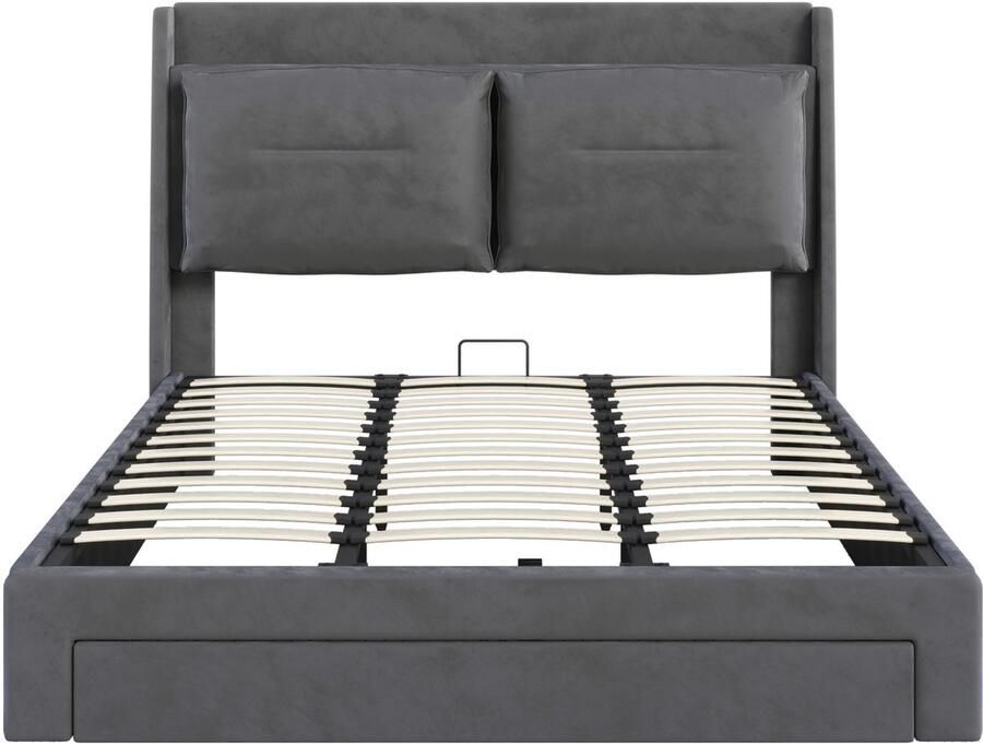 Mobrio Bed met opbergruimte bekleed met fluweel 180x200 cm 2 lades aan het voeteneind van het bed LED-lichtstrip verzonken aan het voeteneind van het bed Grijs (zonder matras)