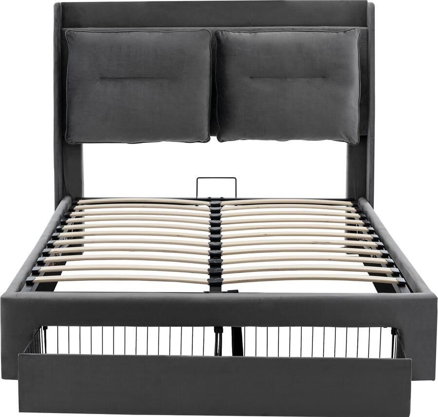 Mobrio Bed met opbergruimte en fluweel bekleed 140x190 cm 2 lades aan het voeteneind van het bed LED-lichtstrip verzonken aan het voeteneind van het bed Grijs (zonder matras)