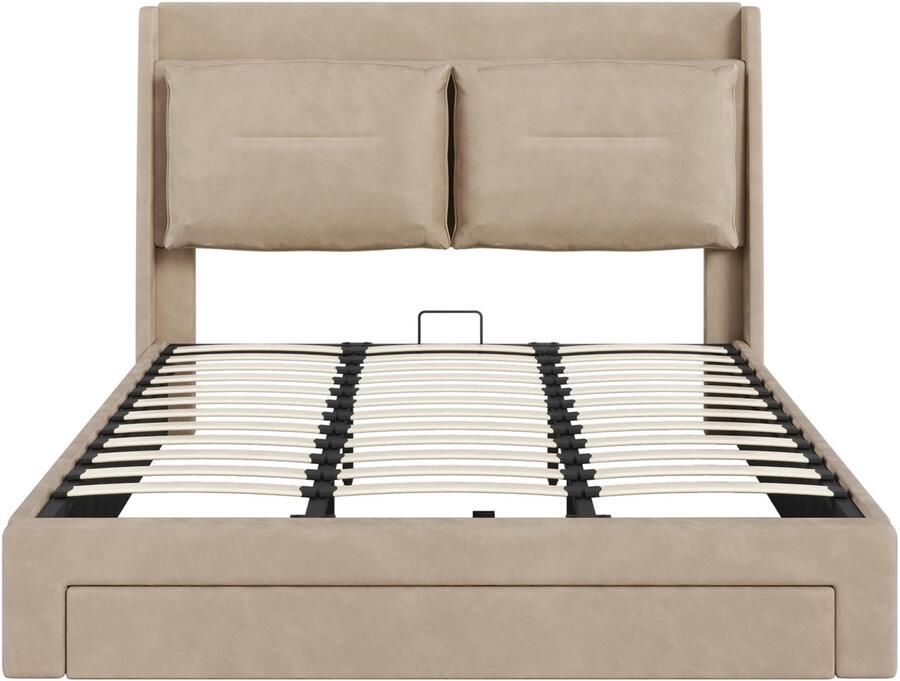 Mobrio Bed met opbergruimte en fluweel bekleed 180x200 cm 2 lades aan het voeteneind van het bed LED-lichtstrip verzonken aan het voeteneind van het bed Beige (zonder matras)