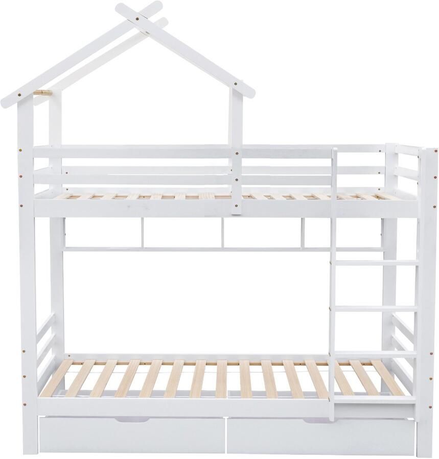 Mobrio Cabine stapelbed 90x200cm in massief grenen met laden en planken + lattenbodems Wit