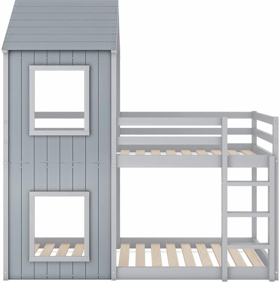 Mobrio Cabine stapelbed 90x200cm massief hout met 2 ramen Grijs